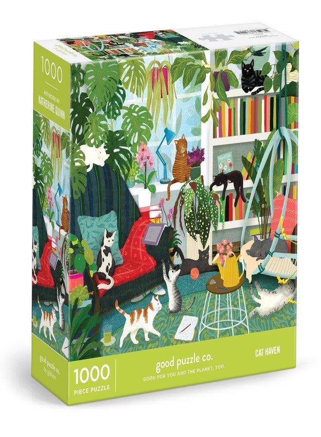Galison Good Puzzle Co Cat Haven - 1000 Piece Jigsaw Puzzle Featuring Beautiful Artwork of A Chic Bookshelf Surrounded by Adorable Cats - Image 1